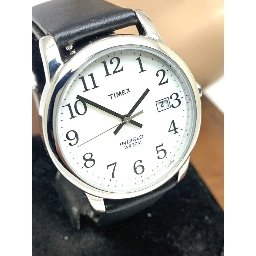 Timex Men's Watch TW2V05400 Quartz Indiglo White Dial Black Leather Band…